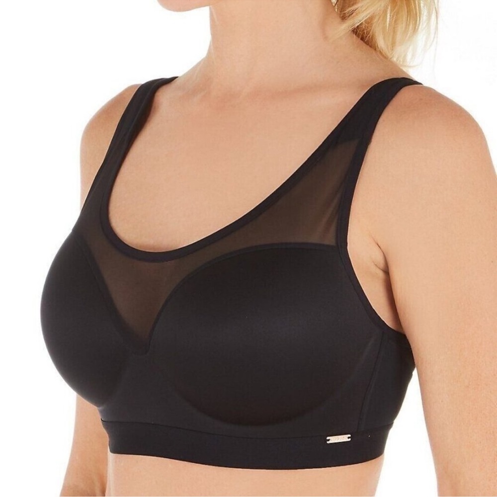Le Mystere‎ Womens Wireless Mesh Trim Sheer Illusion Sports Bra Black 34DD/E